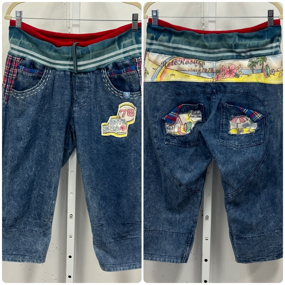 Rote Rosa Japanese Streetwear Acid Wash Patchwork Capri Jeans Blue 31x19.5